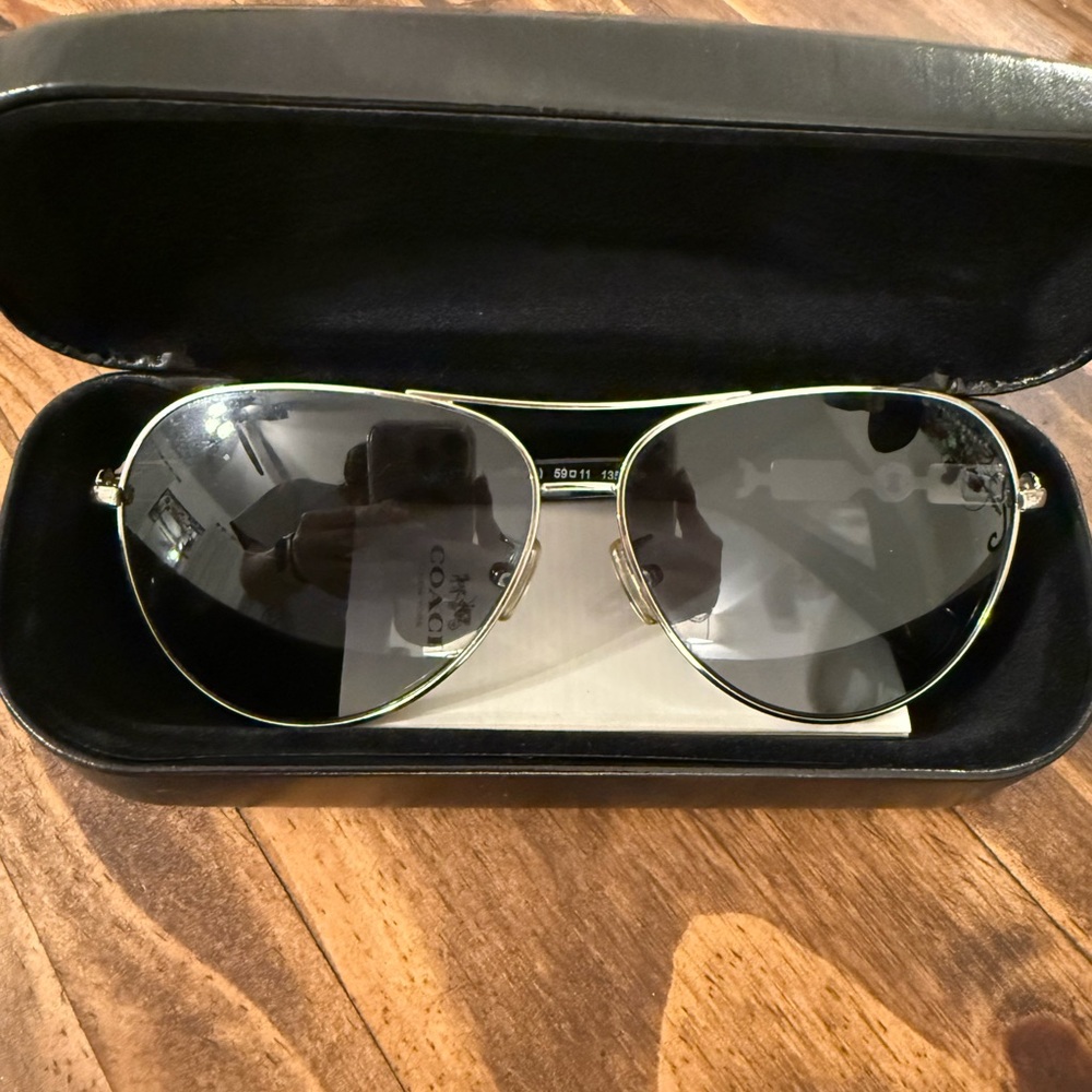Coach Black and Silver Aviator Sunglasses with Case
